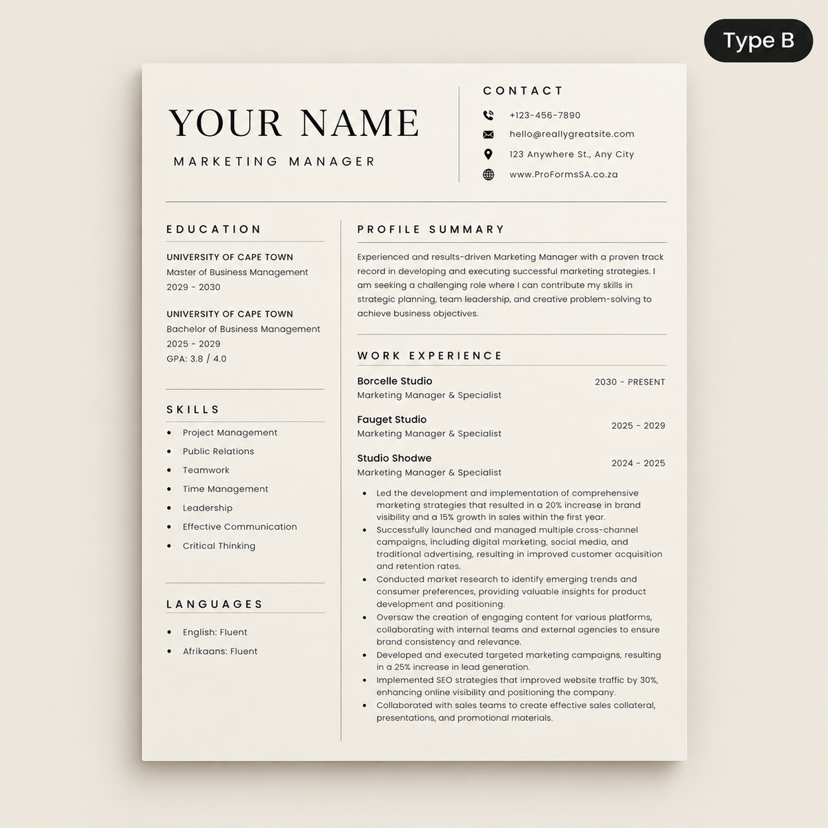 ProForms SA™ Professional CV
